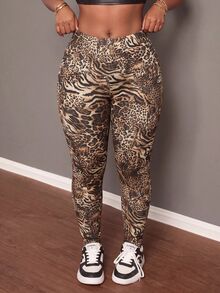 Slaydiva Plus Size Women Zebra & Leopard Print High Waist Casual Leggings - Brown - View 7
