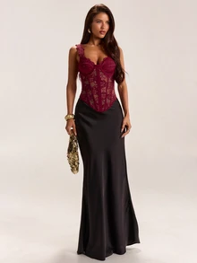 SHEIN BAE Autumn/Winter Solid Burgundy Lace & Velvet Women's Lace Trim Patchwork Bustier - Burgundy - View 3