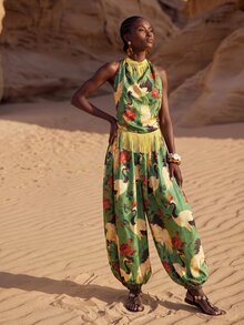 Zivah Women's Floral & Crane Print Halter Top And Long Pants Casual Cover-Up Set - Multicolor - View 4