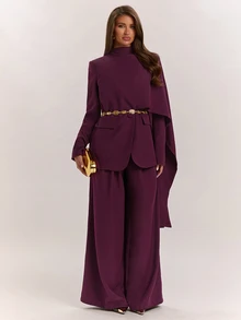SHEIN BAE Women's Solid Color Asymmetric Design Blazer And Pants Elegant Suit Set,Women's Social Suit Set - Purple - View 3
