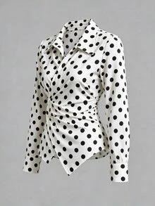 Olithes Plus Size French Style Pleated Button Polka Dot Print Blouse - Blue and White - View 3