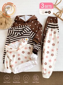 Vintaside Kids 3套幼童女童連帽外套+長褲，可愛棕色粉色花卉條紋花朵貼布長袖連帽加厚毛絨款，適合假日戶外秋冬聖誕穿著 - 彩色 - 查看 3