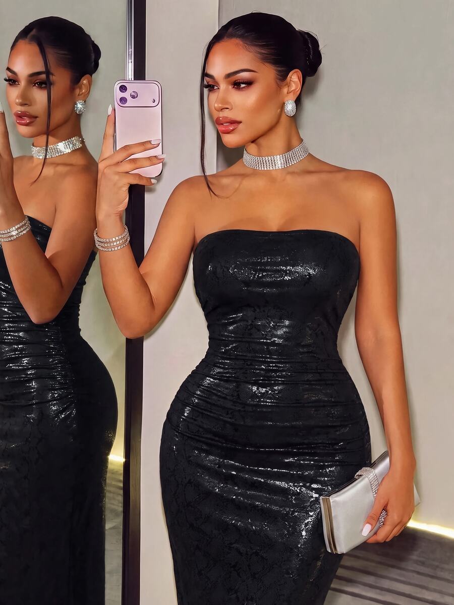 BamGleam Women's All-Season Elegant Sexy Party PU Textured Fabric Black Fitted Strapless Slit Dress - Black - View 1