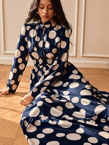 SHEIN French Style Large Polka Dot Long Dress, Ruffle Collar, Long Sleeve, High Waist, Slimming Layered Hem, Versatile Daily & Travel Long Dress - Multicolor - View 1