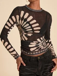 Travachic Women's Printed Mesh Slim Fit Fashion Long Sleeve Top - Black - View 6