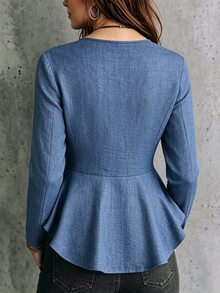 Linhara CURVE Plus Size Women's Two-Tone Faux Linen Comfortable Sleeveless Eyelet Tie Bow Ruffle Trim Open Front Elegant Design Long Sleeve Blouse Blazer Jacket - Blue - View 2