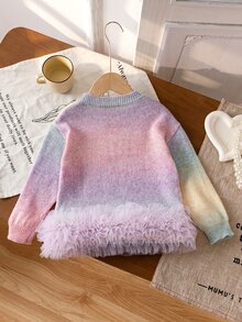 SHEIN كنزة صوفية للبنات من عمر 4-7 سنوات بألوان عقدة الفراشة متدرجة، ياقة دائرية، حافة شبكية منفوشة، تصميم حالم بأكتاف منسدلة وقصة فضفاضة - متعدد الألوان - مشاهدة 2