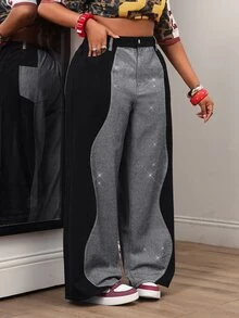 Slaydiva Celana Jeans Lebar dengan Kancing Saku dan Warna Kontras Ukuran Plus, Cocok untuk Liburan, Jalan-jalan, Musim Gugur, Kasual, dan Anti Sosial. - Hitam - View 4