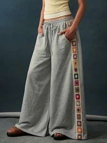 Bohemela Women's Vintage Woven Drawstring Waist Pocket Loose Long Pants - Grey - View 1