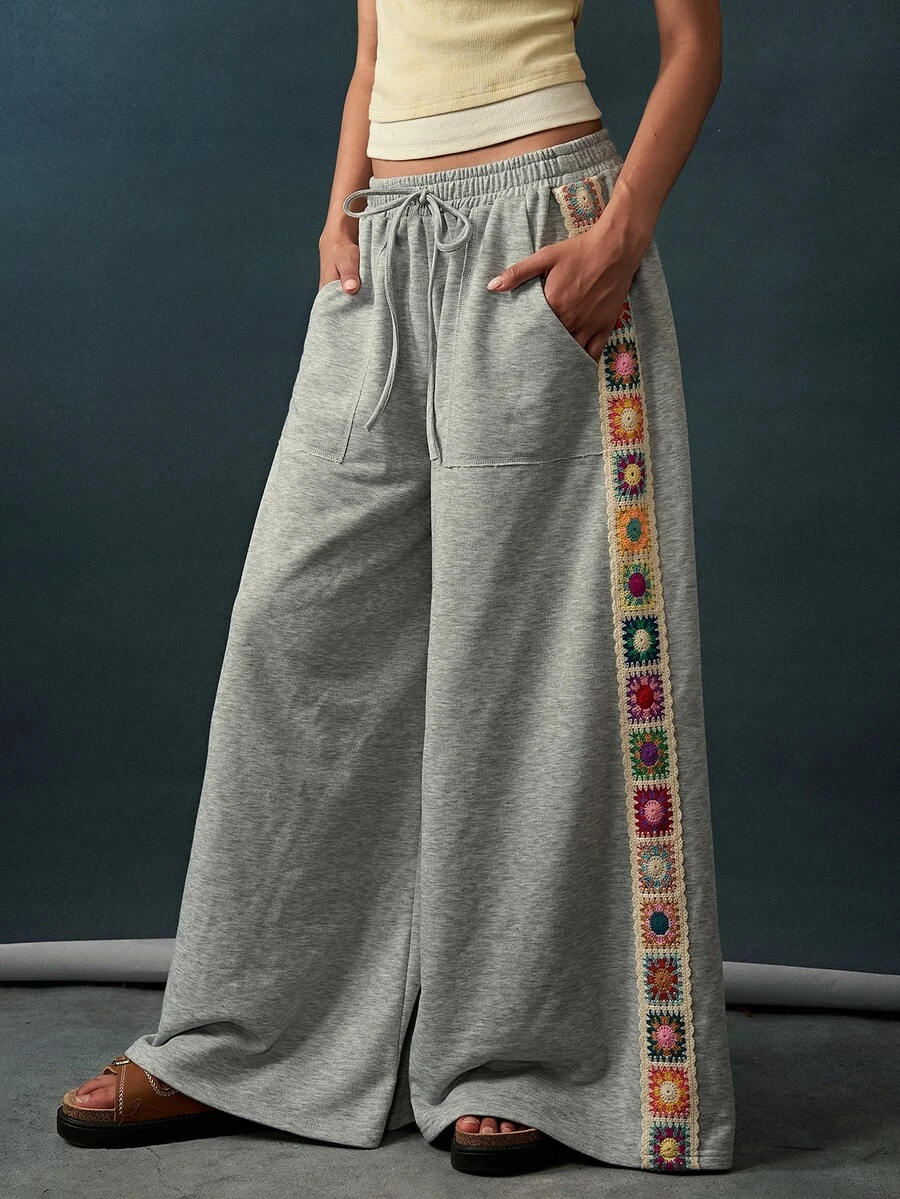 Bohemela Women's Vintage Woven Drawstring Waist Pocket Loose Long Pants - Grey - View 1