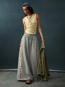 Bohemela Women's Vintage Woven Drawstring Waist Pocket Loose Long Pants - Grey - View 6