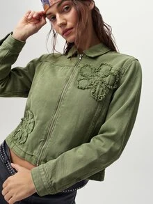 Bohemela Jaket Denim Tenun Polos Kasual untuk Wanita, Potongan Pas Badan - Hijau Tentara - View 4
