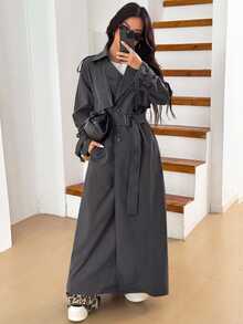 SHEIN EZwear 女款黑色編織長版休閒防風外套 秋冬款 - 深灰色 - 查看 6