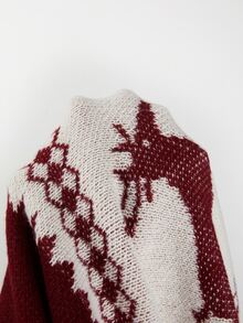 SHEIN Cardigan Rajut Berkerudung dengan Resleting Motif Rusa Natal Musim Gugur/Musim Dingin untuk Wanita, Gaya Geometris Vintage Lengan Panjang - Red and White - View 3