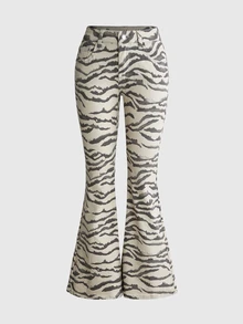 ROMWE Y2K Women's Autumn Zebra Print Denim Flare Jeans Everyday Traveling Beige Retro Street - Multicolor - View 1