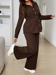 SHEIN 孕婦純色長袖腰部綁帶上衣與可調節腰圍長褲優雅兩件套秋季 - 棕色 - 查看 4