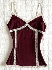 IslaSuriya Women's Lace Patchwork Casual Everyday Camisole Top - Burgundy - View 1