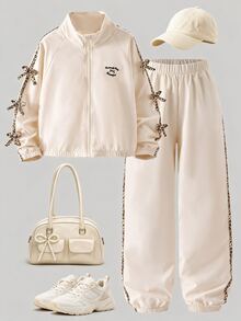 SHEIN Sparklyn 女童休閒夾克套裝，字母刺繡，適合秋冬戶外散步、旅行，長袖，春秋套裝 - 杏色 - 查看 7