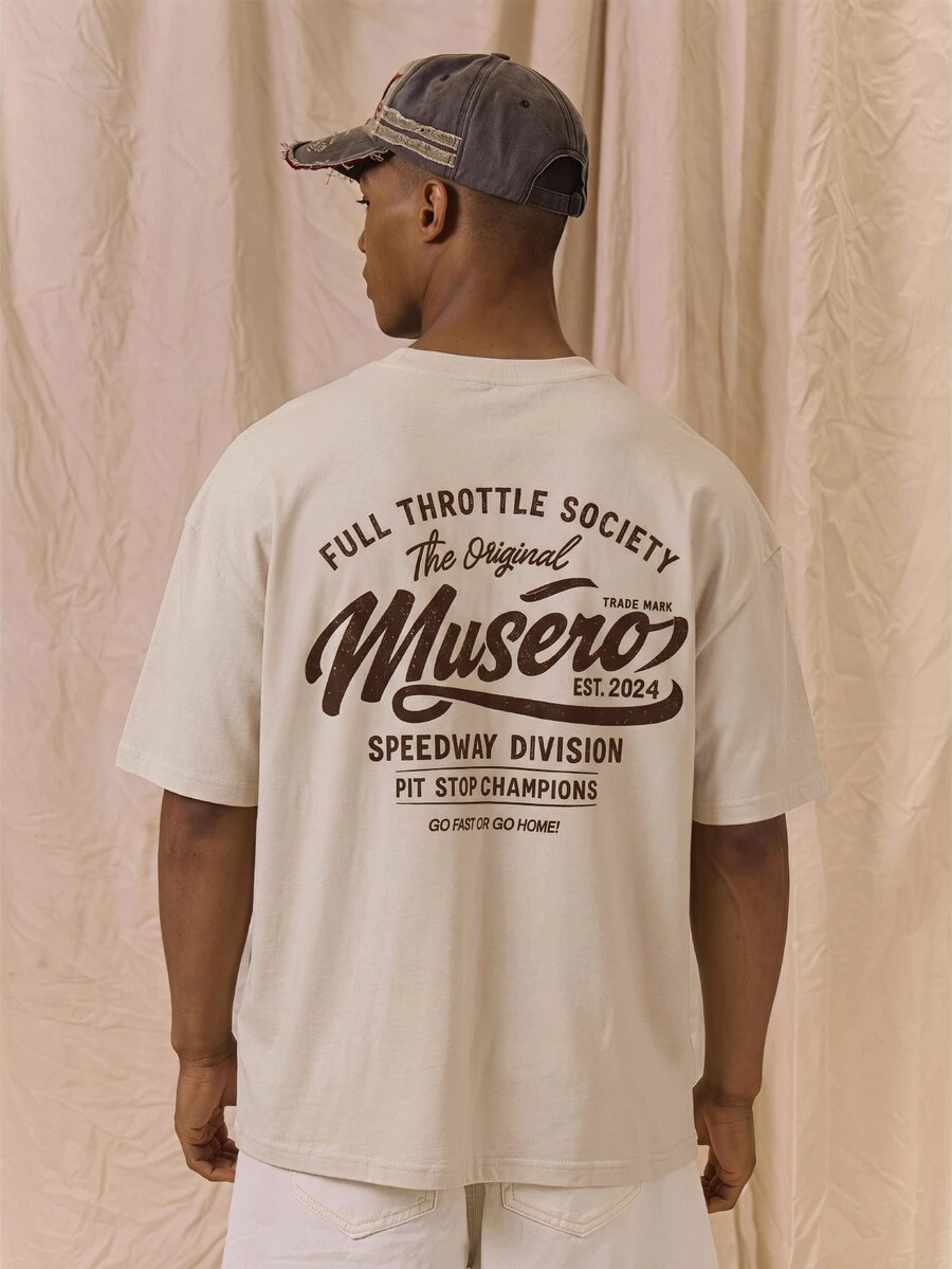 Musero Oversized Back Graphic "FULL THROTTLE SOCIETY"Crew Neck Tshirt Spring Summer Essentials - Beige - View 1