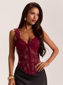 SHEIN BAE Autumn/Winter Solid Burgundy Lace & Velvet Women's Lace Trim Patchwork Bustier - Burgundy - View 1