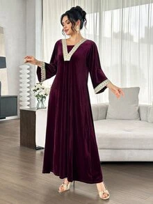 Al Najma Solid Color Velvet V-Neck Embroidered Lace Trim 2 In 1 Loose Fit Flattering Full Skirt Elegant Women's Party Dress - Red Violet - View 3
