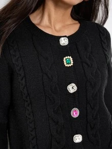 Maija Knitted Cardigan With Diamond Buttons, Autumn/Winter - Black - View 6