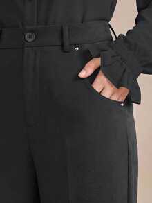 Anewsta Essential Women's Dark Gray Suit Pants With Rivet Pockets, Elegant Fashionable Business Casual Flare Leg Trousers - Dark Grey - View 1