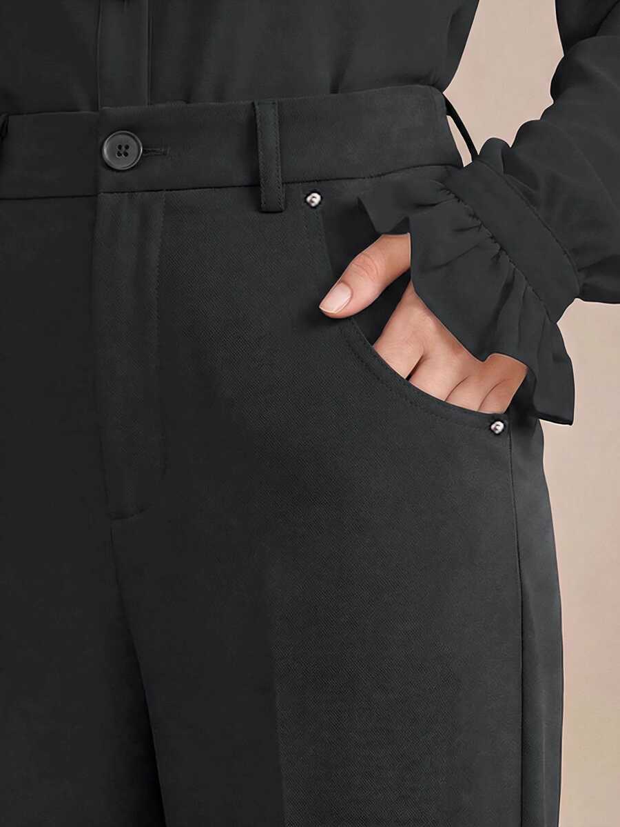 Anewsta Essential Women's Dark Gray Suit Pants With Rivet Pockets, Elegant Fashionable Business Casual Flare Leg Trousers - Dark Grey - View 1