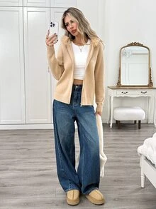 Easowa Women's Plush Patchwork Casual Daily Outing Hooded Cardigan - Khaki - View 6
