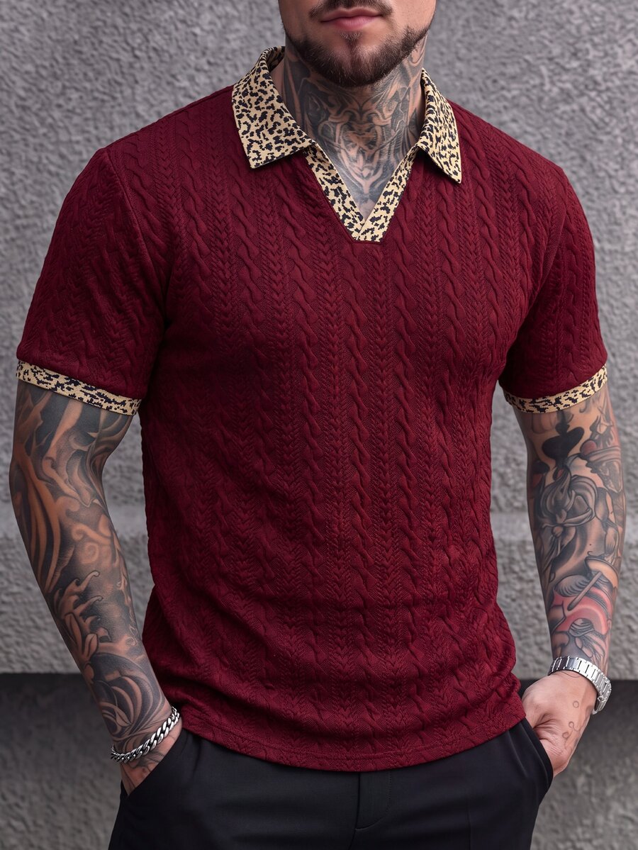 Manfinity Homme Men's Knitted Jacquard Solid Color Textured Leopard Print Scissor Collar Ribbed Cuff Polo Shirt - Burgundy - View 1