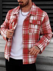 Manfinity Homme Plus Size Men's Casual Plaid Button Long Sleeve Shirt - Red - View 4