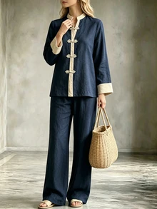 LUMIGAL Women's Colorblock Long Sleeve Top And Pants 2 Pieces Set Brunch Tea Party Navy Blue Summer Minimalist - Navy Blue - View 6