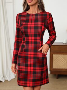 EMERY ROSE Gaun Pendek Wanita Motif Kotak-kotak Leher Bulat Lengan Panjang Pas Badan - Merah - View 6