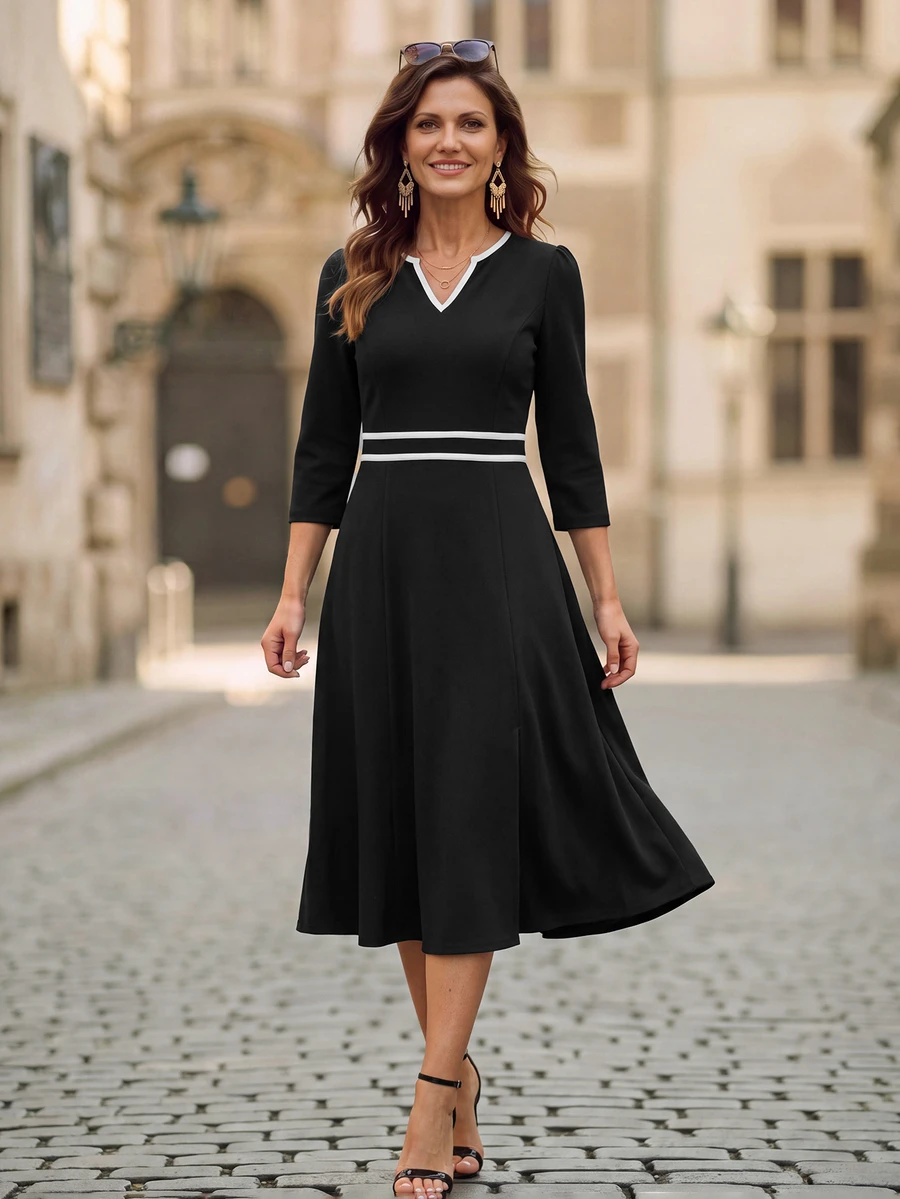 EMERY ROSE V Neck Contrast Piping A-Line Midi Dress, 3/4 Sleeve High Waist Fit & Flare Elegant Dress For Work Fall - Black - View 1