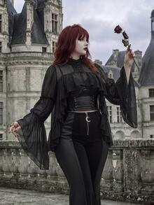 Whyspr Gothic Cold Elegant Ascetic Style Lightweight Sheer Chiffon Stand Collar Blouse, Double Layer Hollow Back Multi-Layer Ruffle Hem Long Flared Sleeve Crop Top, Dark Style Semi-See-Through Chiffon Stand Collar Shirt, Hollow Back Small Ruffle Layer Flared Long Sleeve Crop Top - Black - View 1