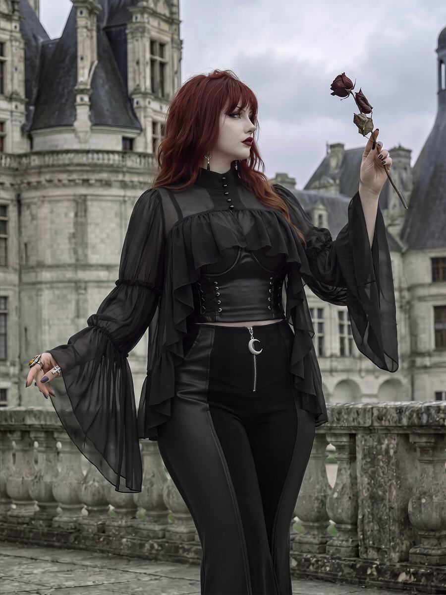 Whyspr Gothic Cold Elegant Ascetic Style Lightweight Sheer Chiffon Stand Collar Blouse, Double Layer Hollow Back Multi-Layer Ruffle Hem Long Flared Sleeve Crop Top, Dark Style Semi-See-Through Chiffon Stand Collar Shirt, Hollow Back Small Ruffle Layer Flared Long Sleeve Crop Top - Black - View 1