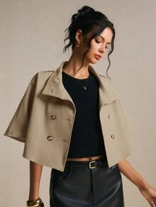 Poéselle 女款純色雙排扣休閒披肩式風衣 - 卡其色 - 查看 7