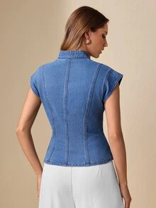 Selenza Women's Fashion Versatile Cinched Waist Frog Button Denim Top - Blue - View 2