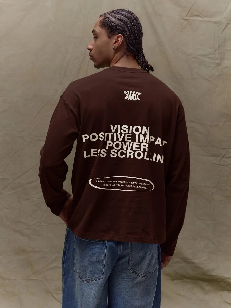 Musero Oversized Long Sleeve Crewneck Graphic T-Shirt Wardrobe Spring&Summer - Rust Brown - View 1