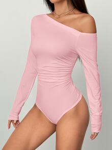 SHEIN Unity 黑色不對稱單肩抓皺腰身修身長袖時尚極簡休閒風女款秋季連身衣 - 粉色 - 查看 6
