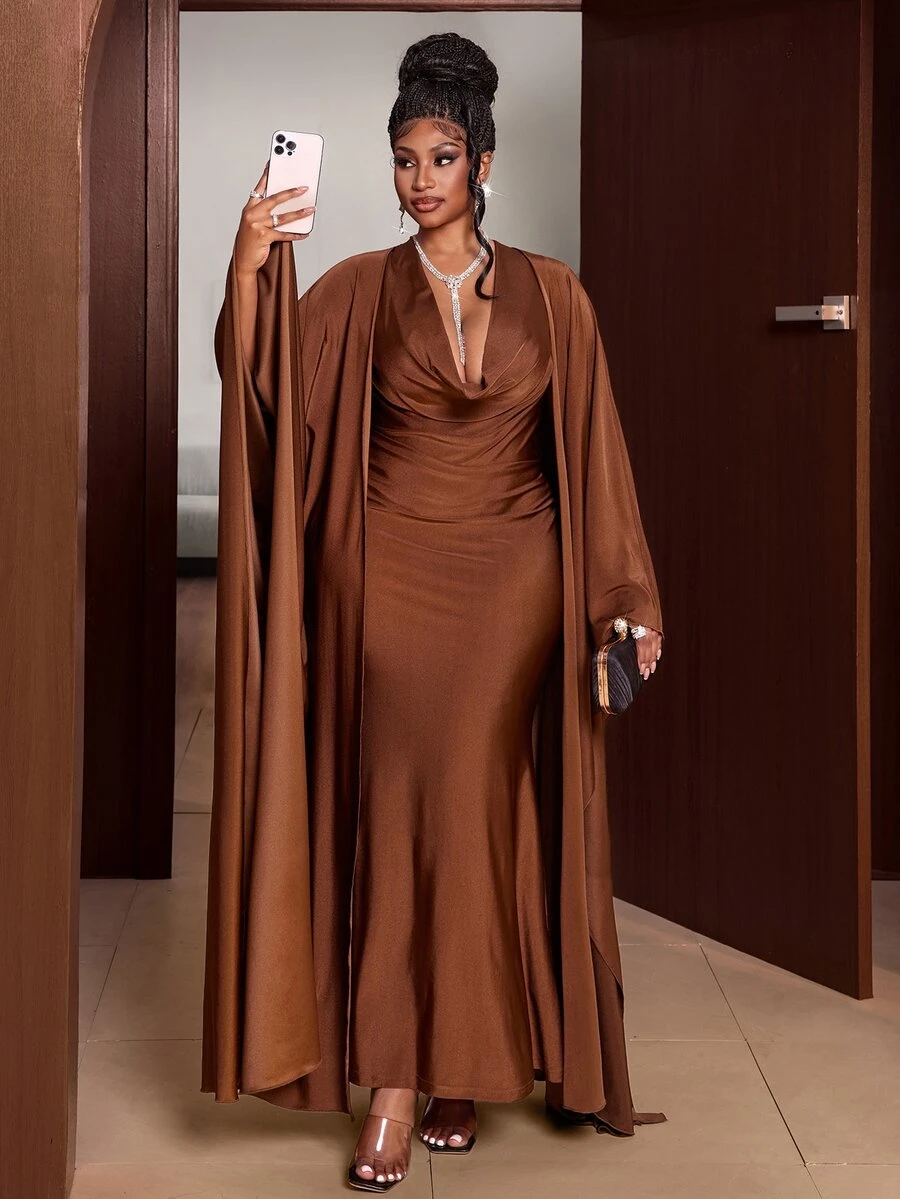 Maweii Gaun Duyung Bodycon Pas Badan Warna Cokelat Ukuran Plus dengan Kerah Model Cowl dan Selendang Panjang yang Serasi, Set 2 Potongan, Gaun Malam Ukuran Plus - Coklat - View 1