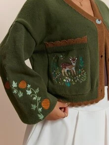 CovetEZ Autumn/Winter New Deer Plant Embroidery Pattern Halloween Christmas Casual Colorblock Cute Plus Size Cardigan - Green - View 2