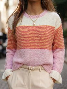 SHEIN 圓領拼接設計波浪袖套頭毛衣 - 彩色 - 查看 5