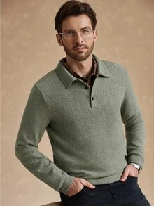 Core Aspect Men's Solid Color Long Sleeve Casual Commute Polo Shirt - Green - View 1