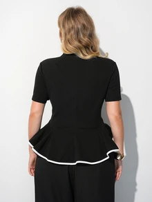Maija Plus Size Women's Zipper Front Short Sleeve Ruffle Hem Top - Black and White - View 3