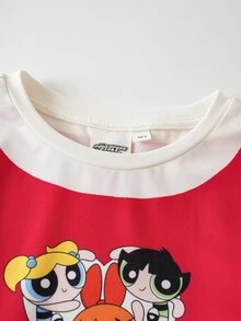THE POWERPUFF GIRLS X SHEIN Tween Girl Crew Neck Long Sleeve Top And Flare Pants Loungewear - Red and White - View 3