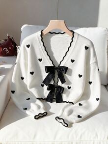 Comfortcana Winter Spring Valentine's Day Date Night Butterfly Heart Bow Front Open Wool Cardigan Ruffle Trim Short Sweater White - Black and White - View 1