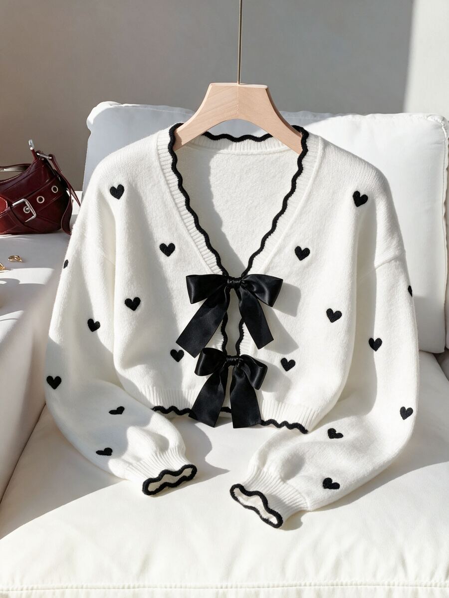 Comfortcana Winter Spring Valentine's Day Date Night Butterfly Heart Bow Front Open Wool Cardigan Ruffle Trim Short Sweater White - Black and White - View 1