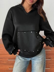 DAZY Women's Solid Color Pocket Casual Versatile Daily Long Sleeve Sweatshirt - Black - View 6