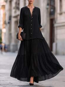 SHEIN Summer New Vintage Lapel Bohemian Contrast Mesh Casual Fashion Maxi Dress - Black - View 4